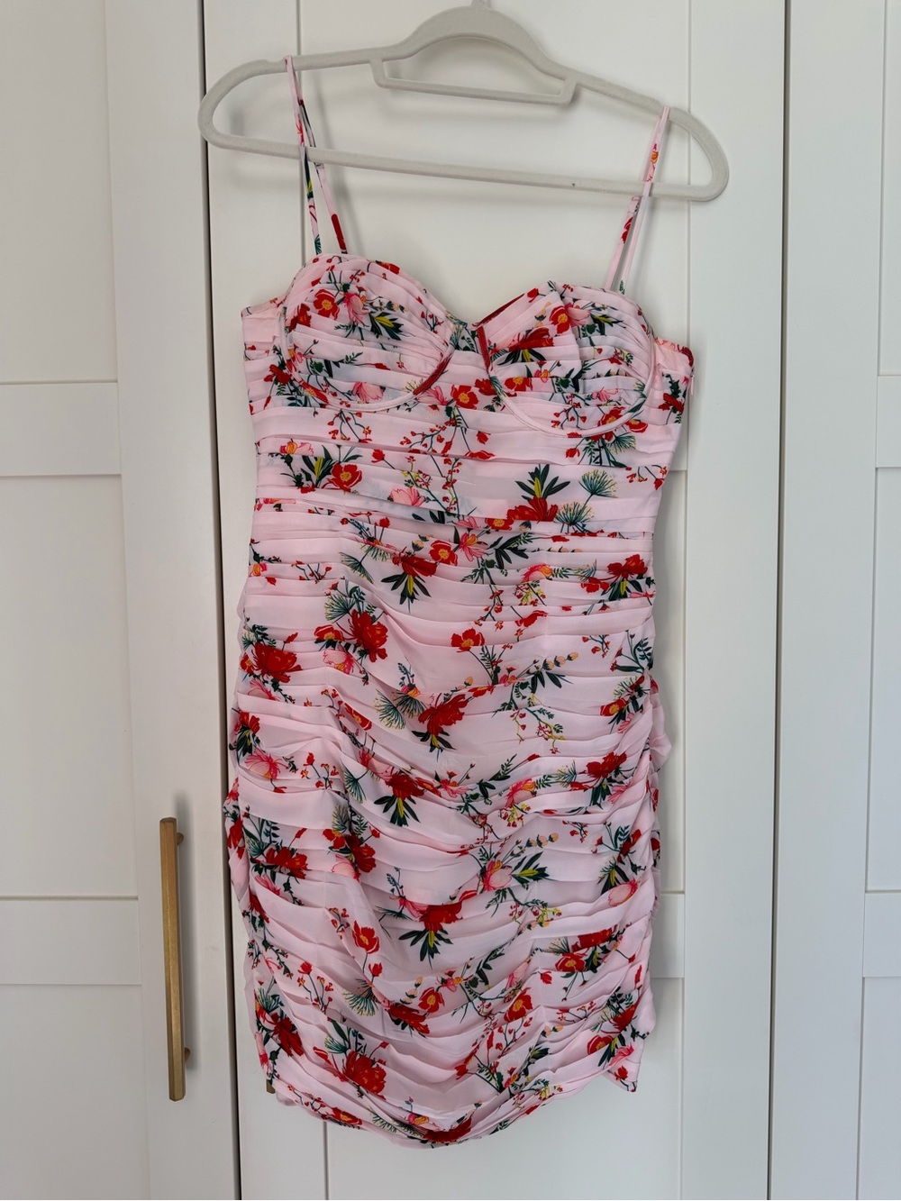 Sau Lee Pink Floral Ruched Mini Dress (never worn, like new)